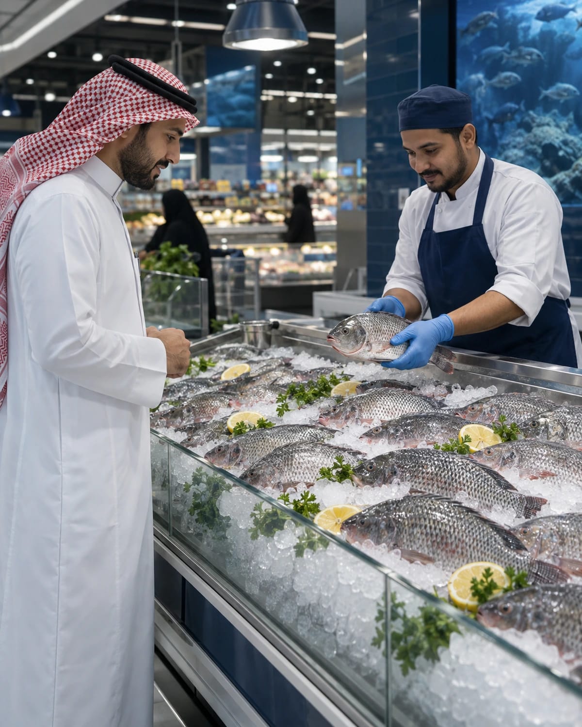 بائع في قسم الأسماك الطازجة بهايبر ماركت يعرض سمكة بلطي على عميل.